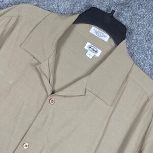 Pavo Mens Large Shirt Tan Short Sleeve Rayon Blend Textured Camp Collar